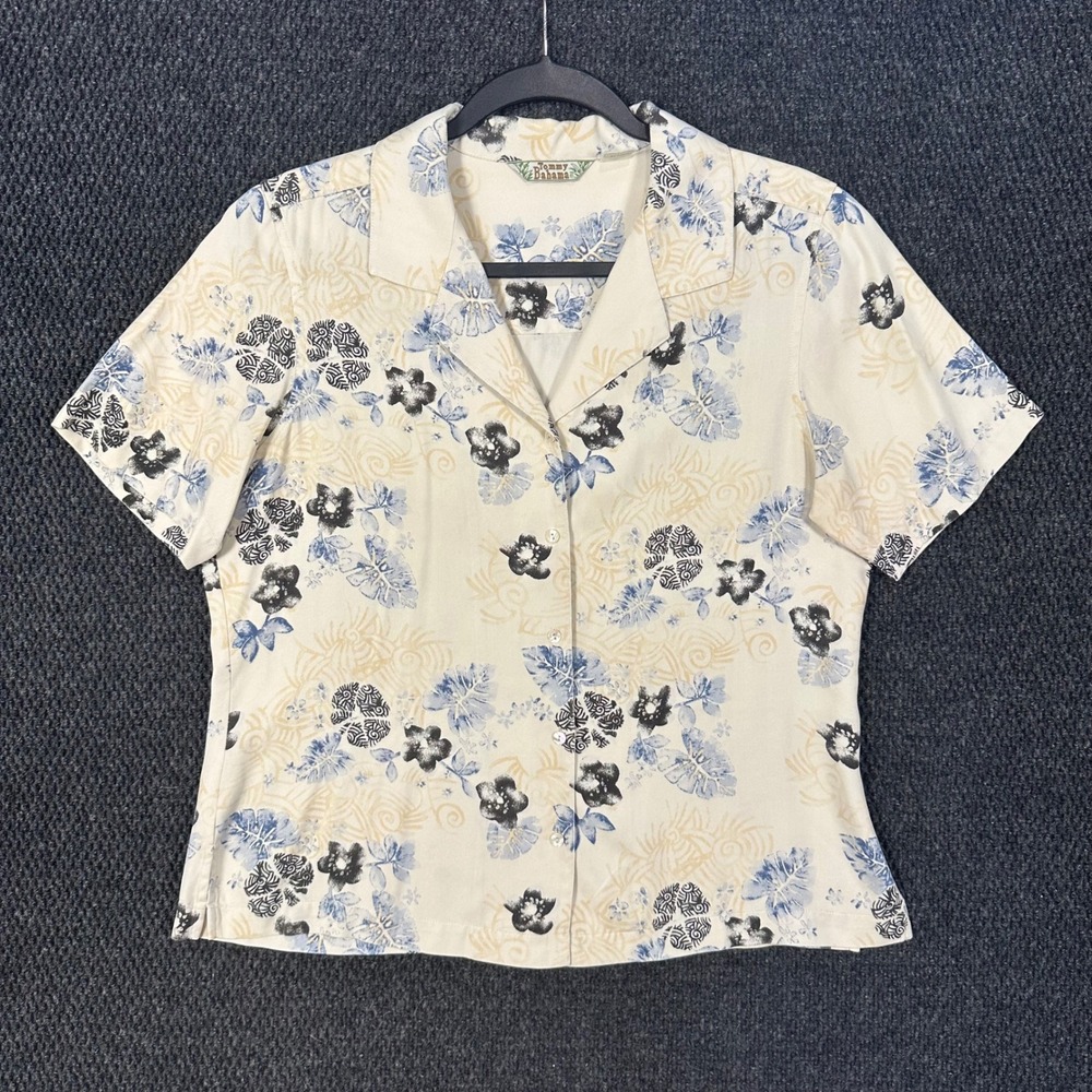 Tommy Bahama Hawaiian Aloha Shirt Womens M Cream Silk Floral Tropical Camp